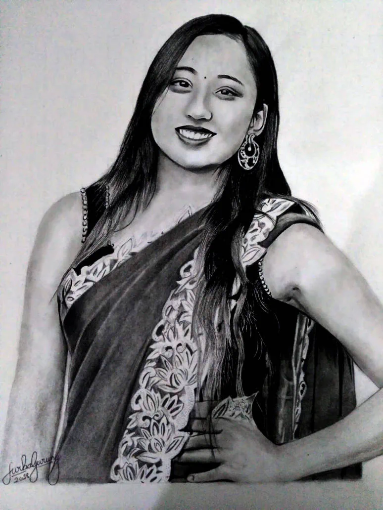 Graphite portrait of a smiling Nepali woman wearing a patterned sari.