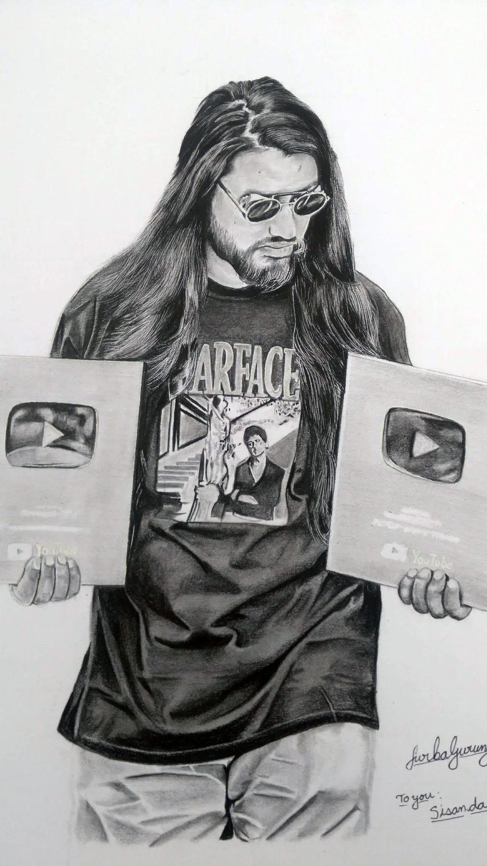 Graphite portrait of Sisan Baniya wearing sunglasses and holding two YouTube Creator Awards.